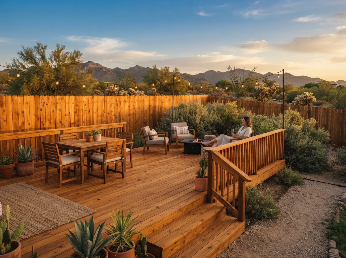Deck and fence staining in a Southern Utah backyard