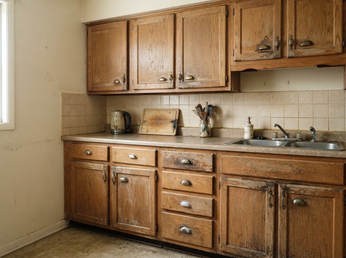 Kitchen cabinets before and after painting and refinishing in a St. George home — before