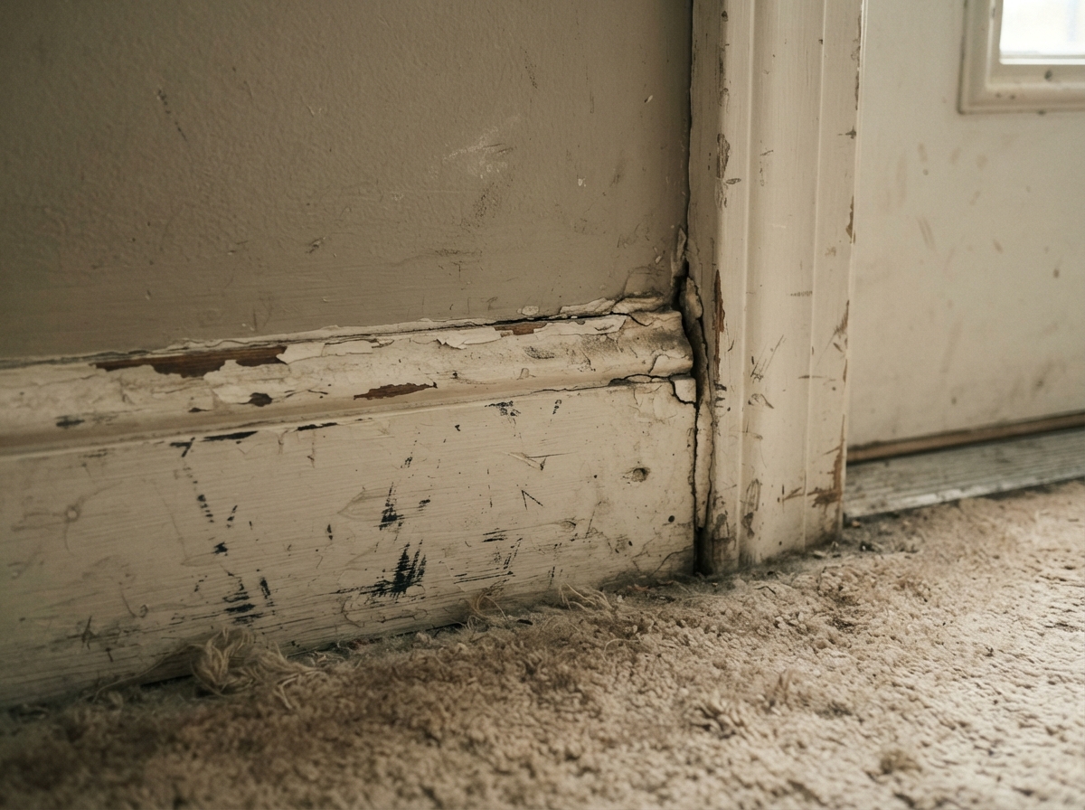 Interior trim and baseboards before and after painting — before