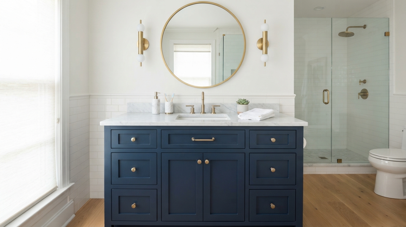Deep navy painted bathroom vanity with brushed brass hardware in a Bethesda condo