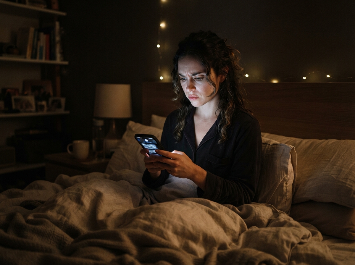 Person reading their phone in bed at night, wondering if they're probably fine