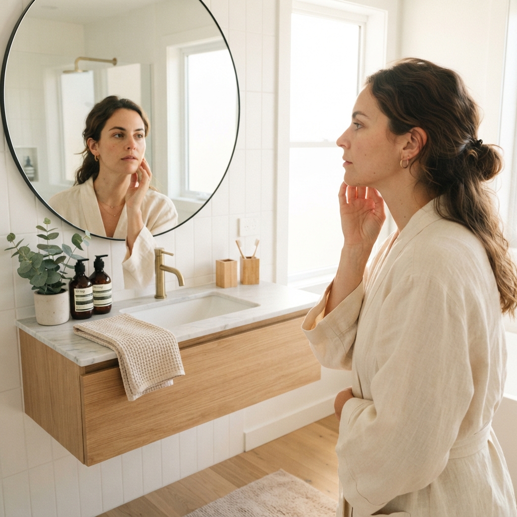 Woman looking thoughtfully at herself in the bathroom mirror