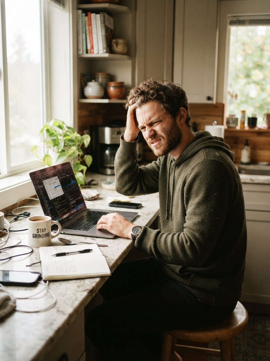 Man looking confused at his laptop in the morning, wondering what's going on