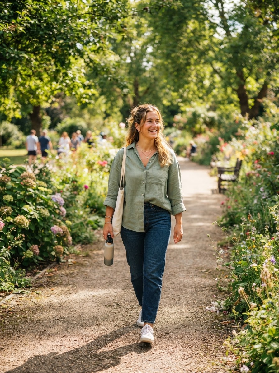 Person walking relaxed outdoors on a sunny day, feeling good