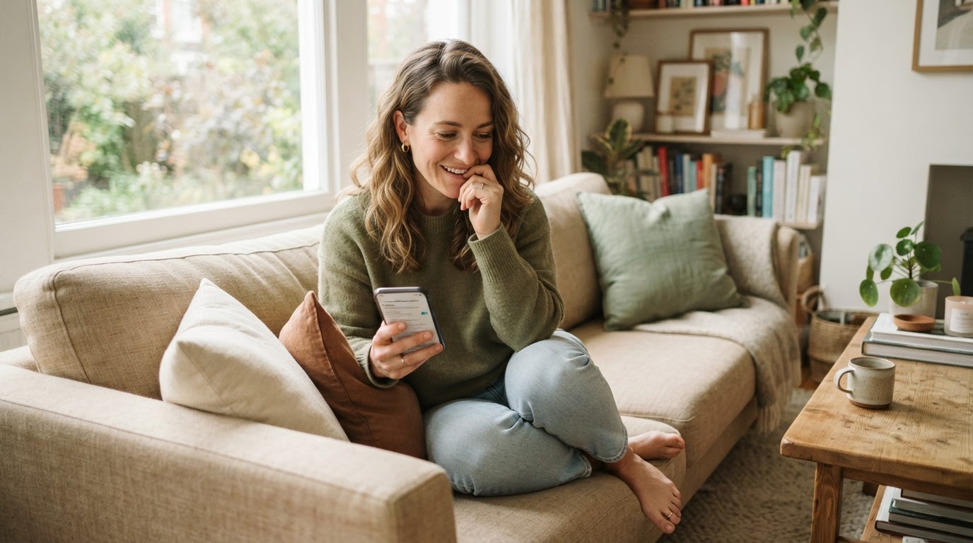 A person casually looking at their phone on a couch, capturing the moment of health-related Googling