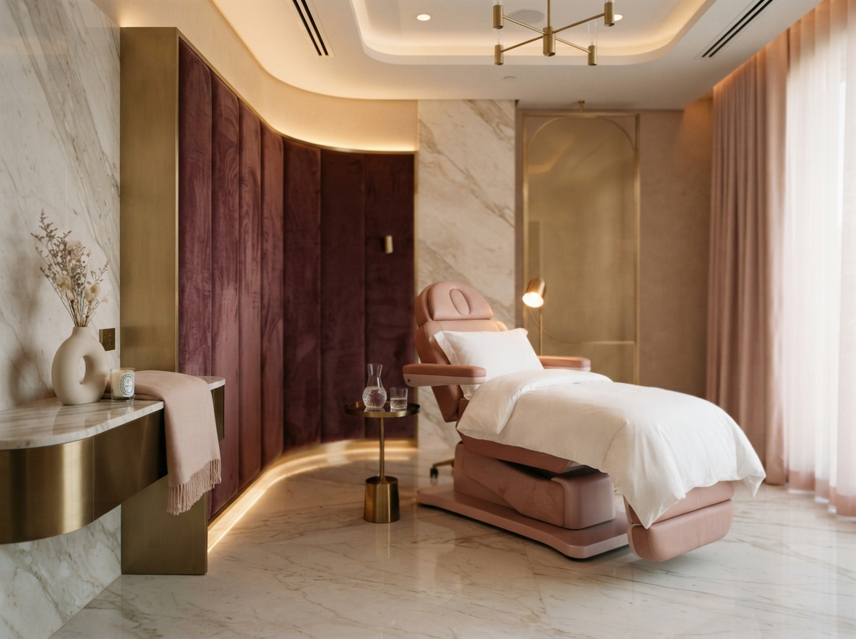 An elegant Dubai aesthetic clinic interior with warm golden lighting and marble surfaces