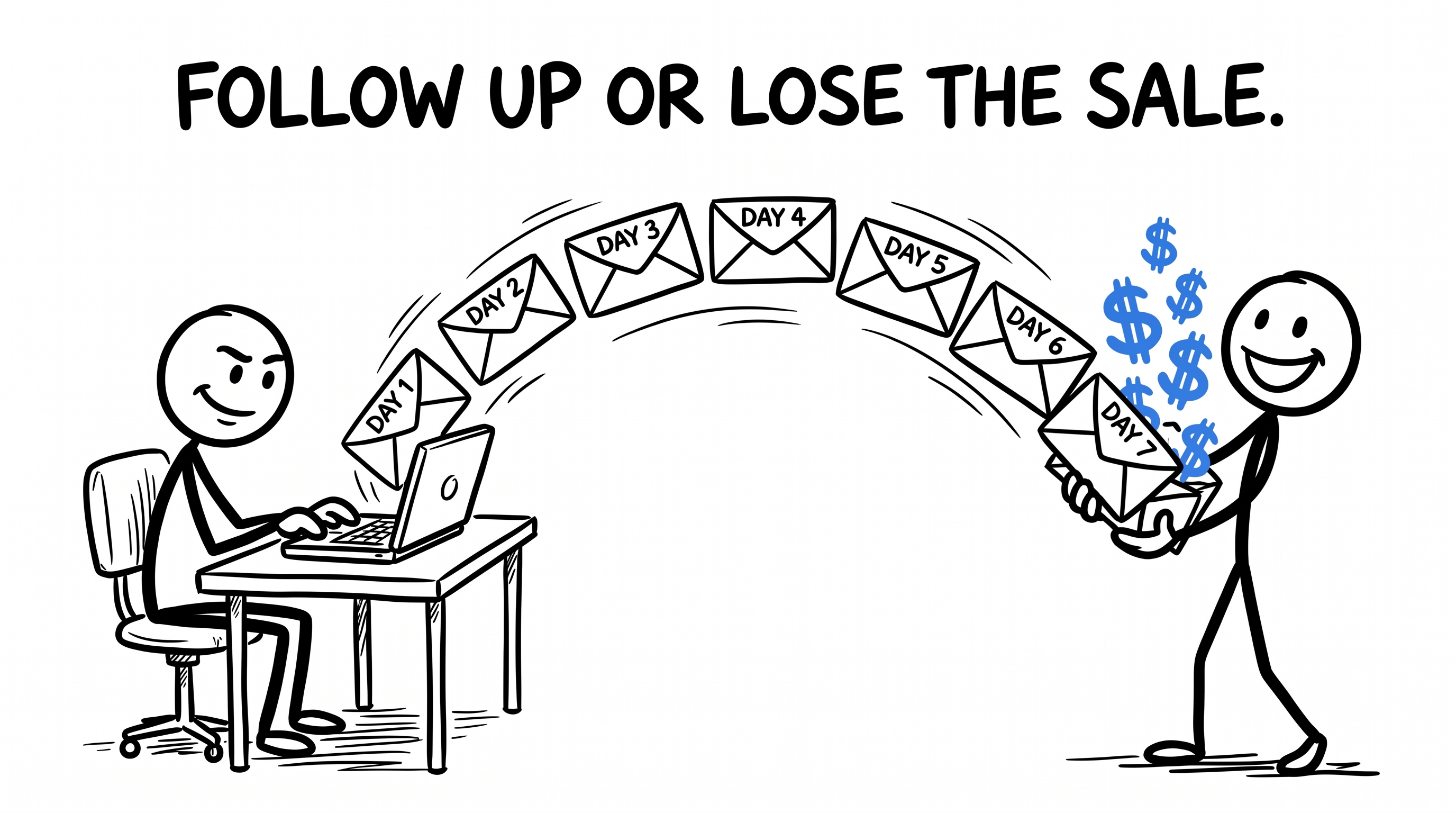 Stick figure illustration showing automated follow up sequences turning into revenue
