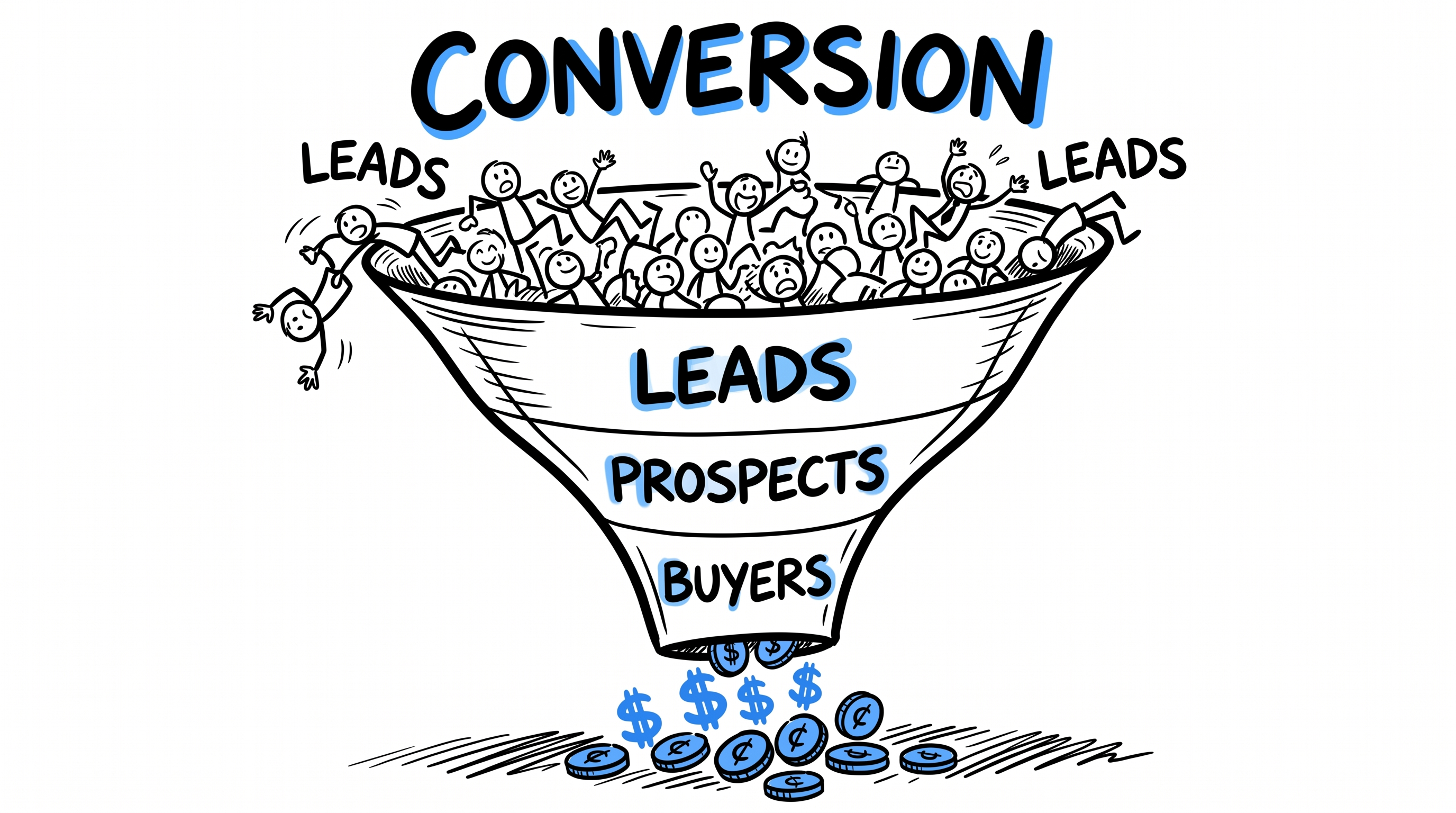Stick figure illustration showing conversion funnel bringing leads and prospects into buyers