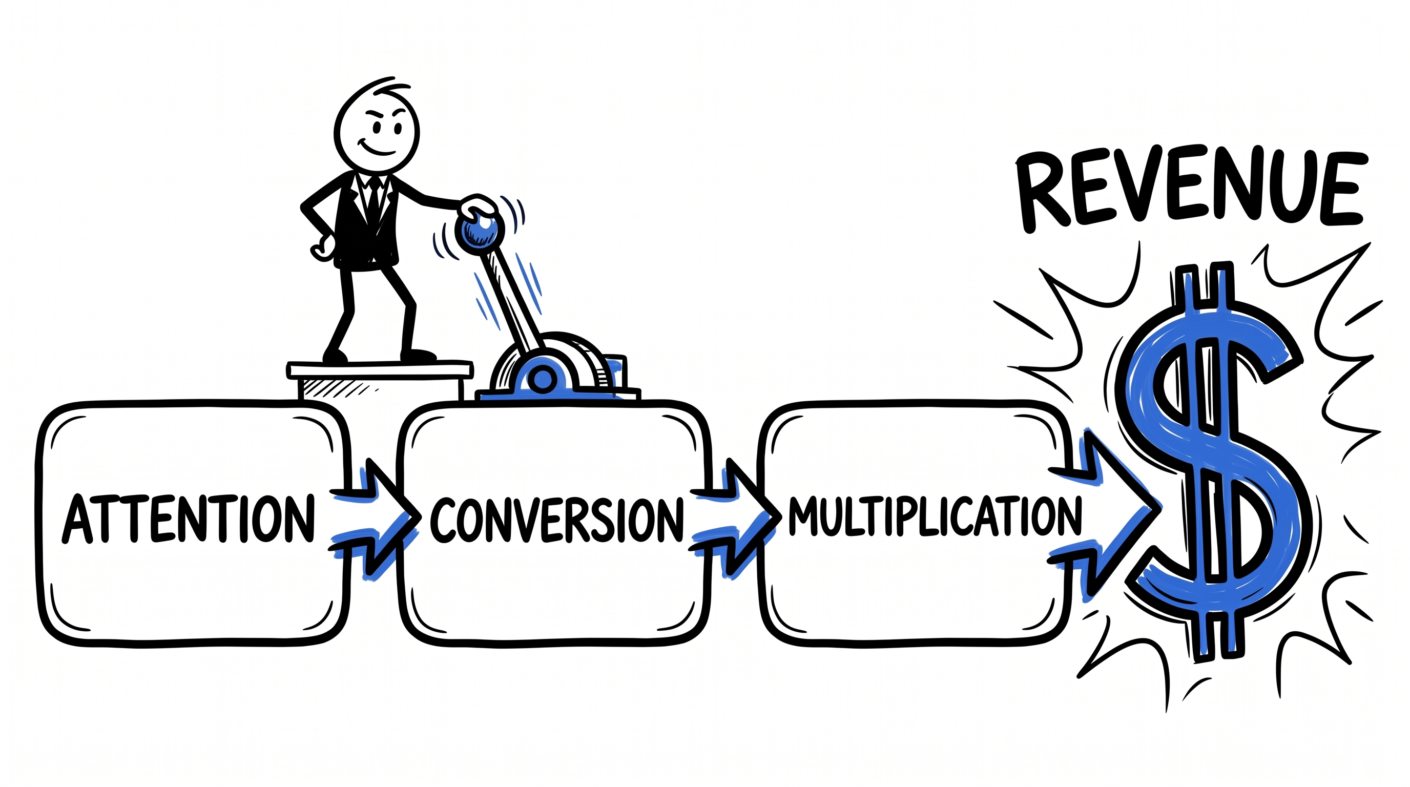 Stick figure illustration showing step 1 - attention, conversion, multiplication leverage for revenue