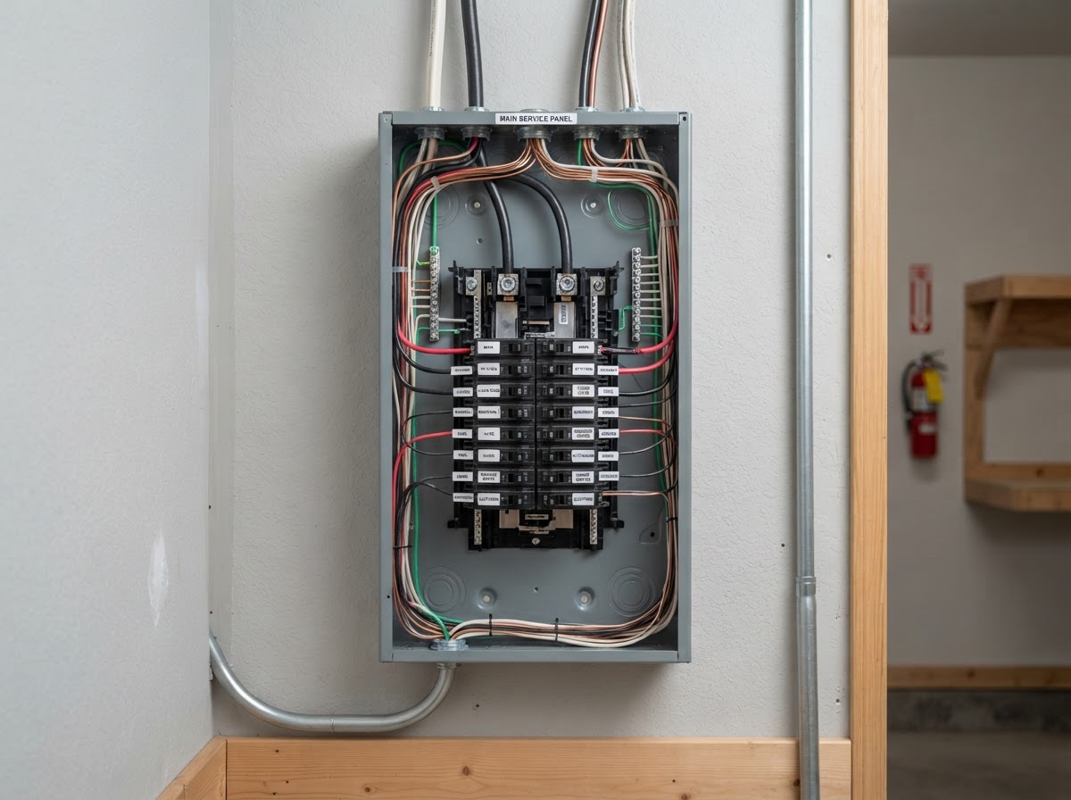 A residential electrical panel mounted on a wall, showing numerous circuit breakers.