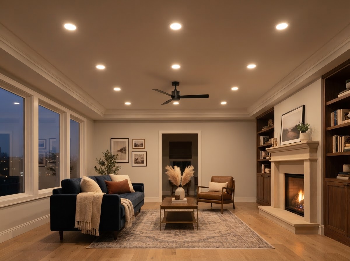 A spacious, modern living room at dusk with recessed ceiling lights providing warm illumination.