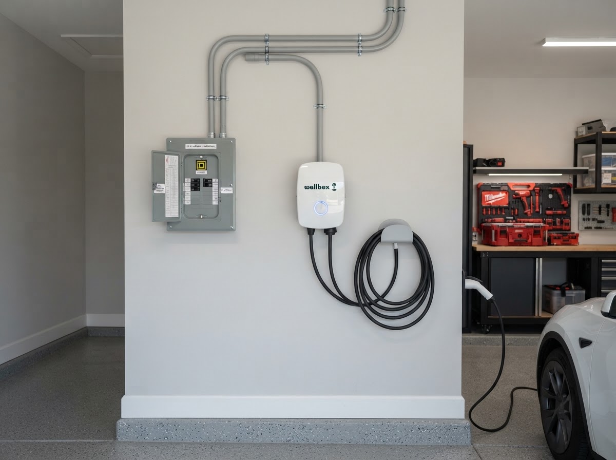 An EV charger mounted on a garage wall next to an electrical panel, charging a white Tesla.