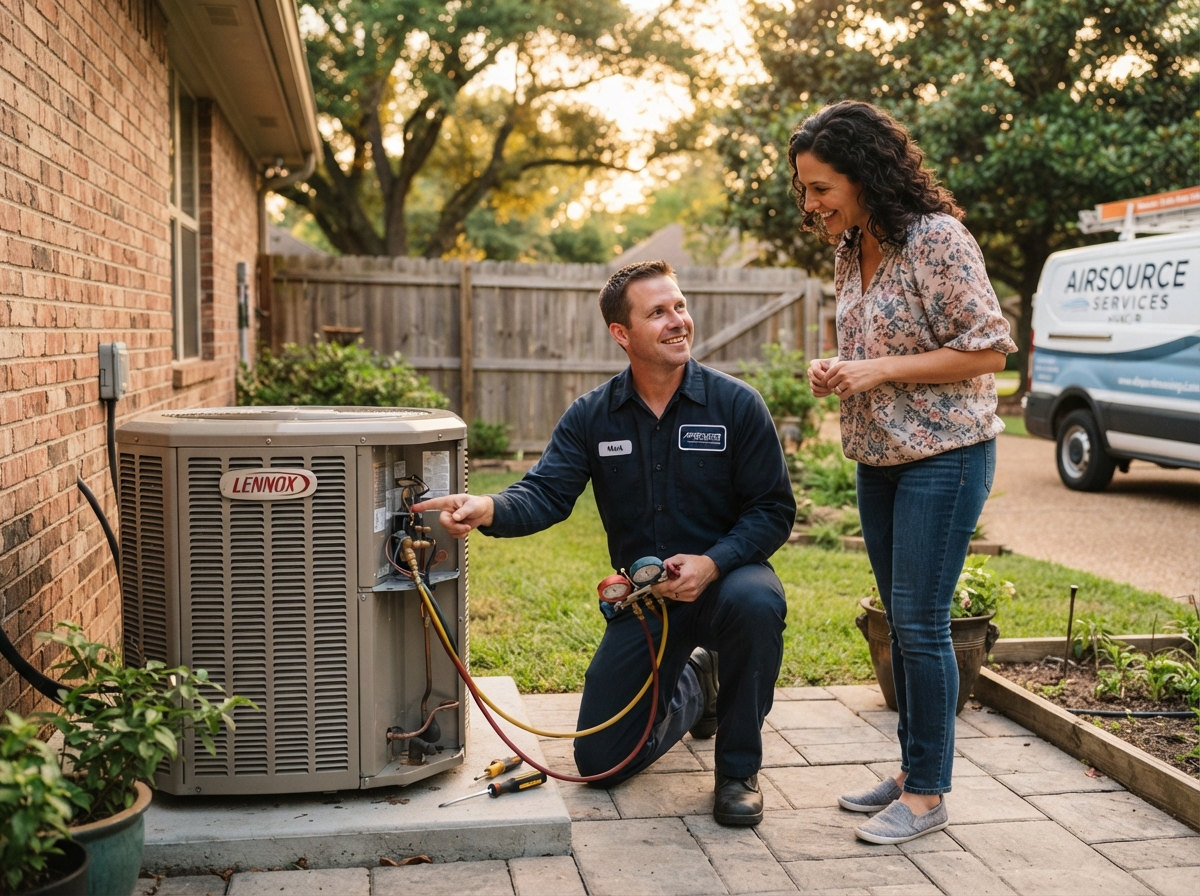 Red River Comfort technician explaining an AC unit to a homeowner in their backyard