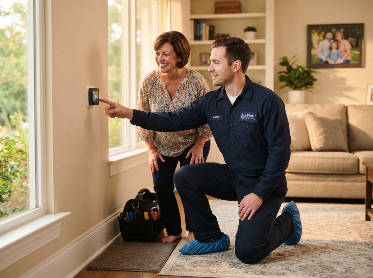 Red River Comfort technician explaining a thermostat to a homeowner in their living room