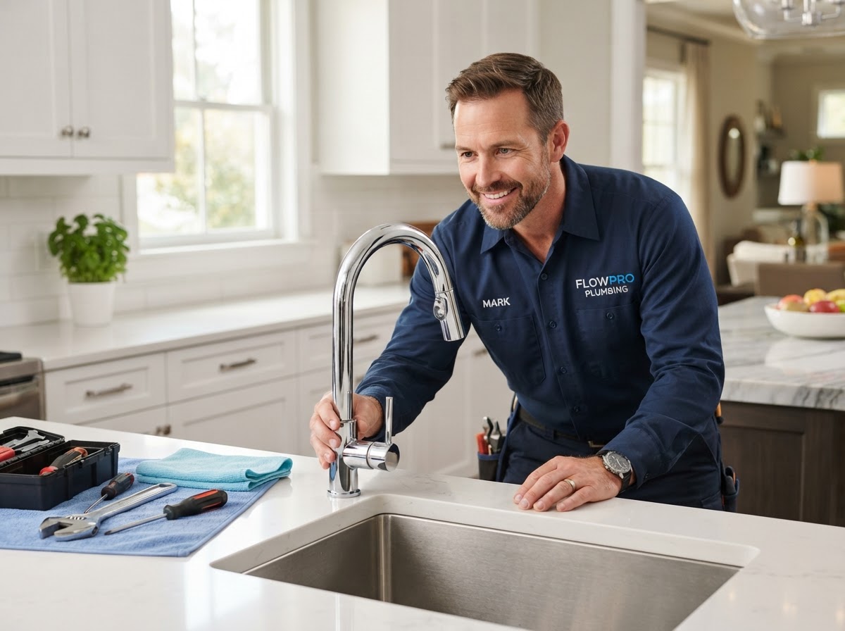 Professional FlowPro Plumbing technician inspecting a modern kitchen faucet fixture