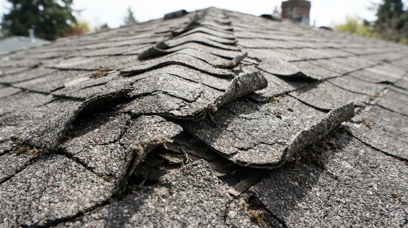 Close-up of old asphalt shingles with widespread curling and cracking at the edges, indicating end of useful life
