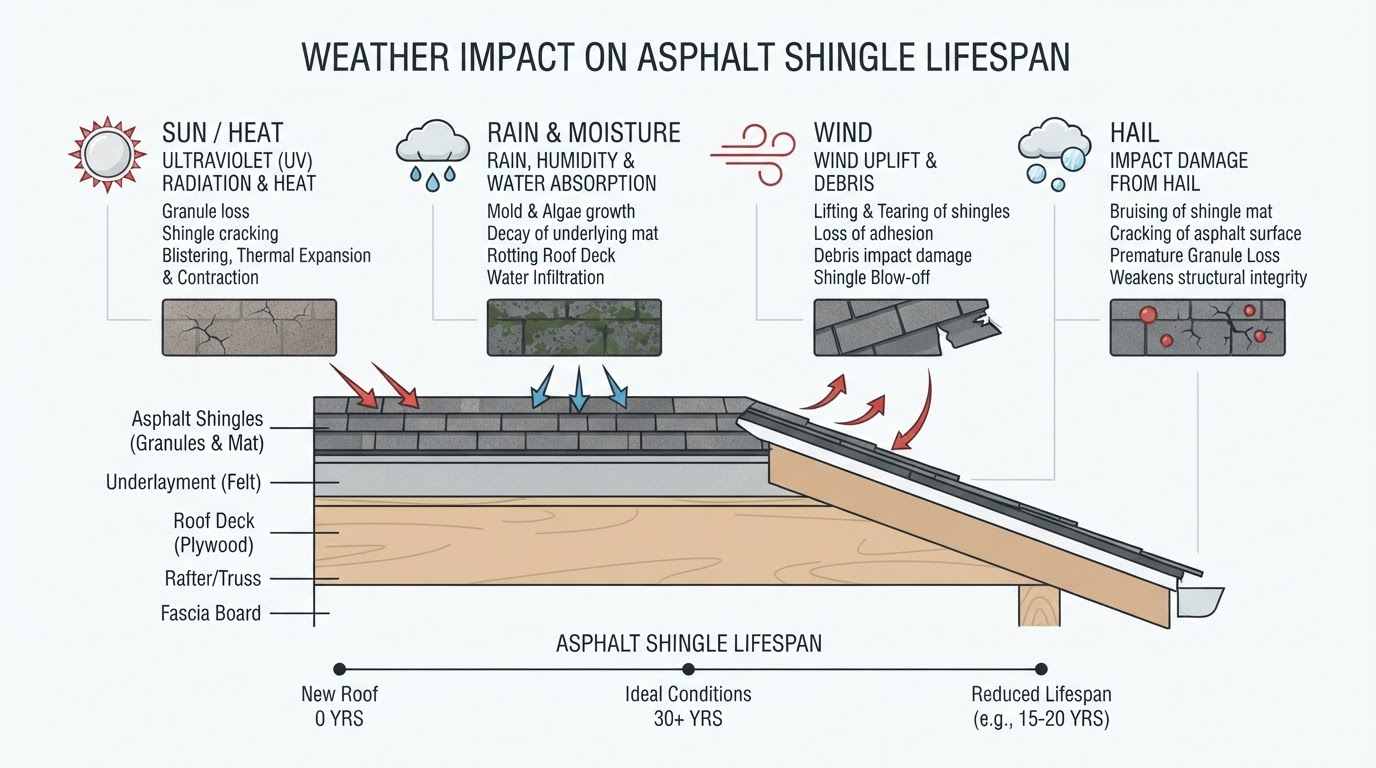 Diagram showing how sun, rain, wind, and hail affect asphalt shingle lifespan on a Middle Tennessee roof
