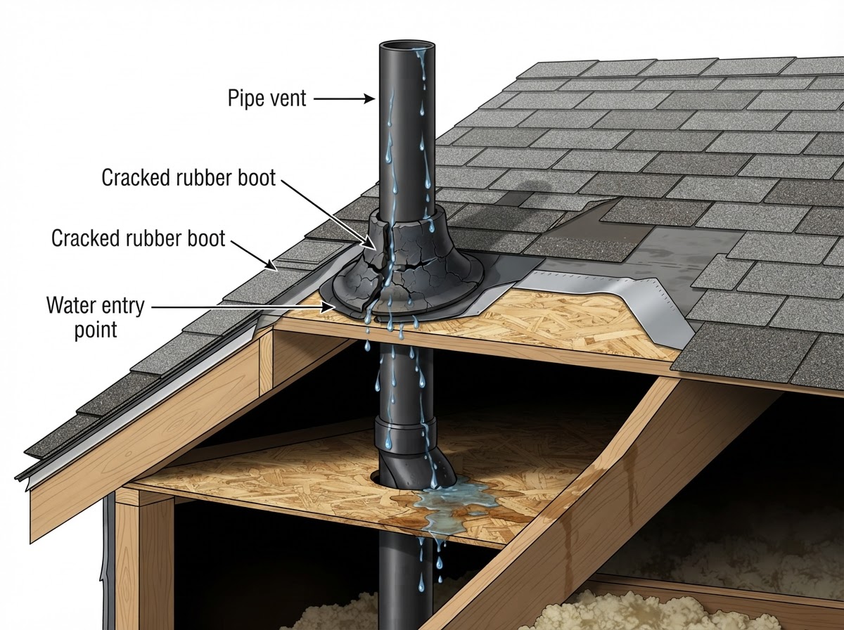 Cross-section diagram of a cracked plumbing pipe boot showing water entering through the split rubber gasket and running down the vent pipe into the attic