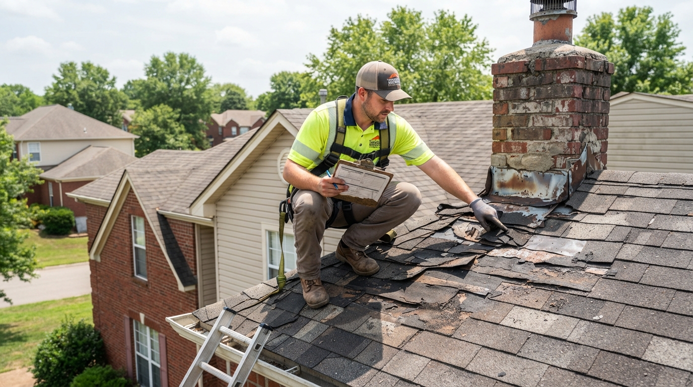 Roofer inspecting a damaged asphalt shingle roof with missing shingles and damaged flashing during a repair evaluation