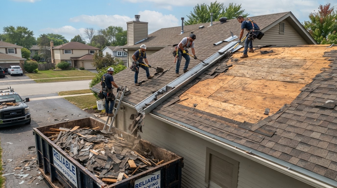 Roof tear-off in progress showing old shingles removed to expose wooden decking during a roof replacement