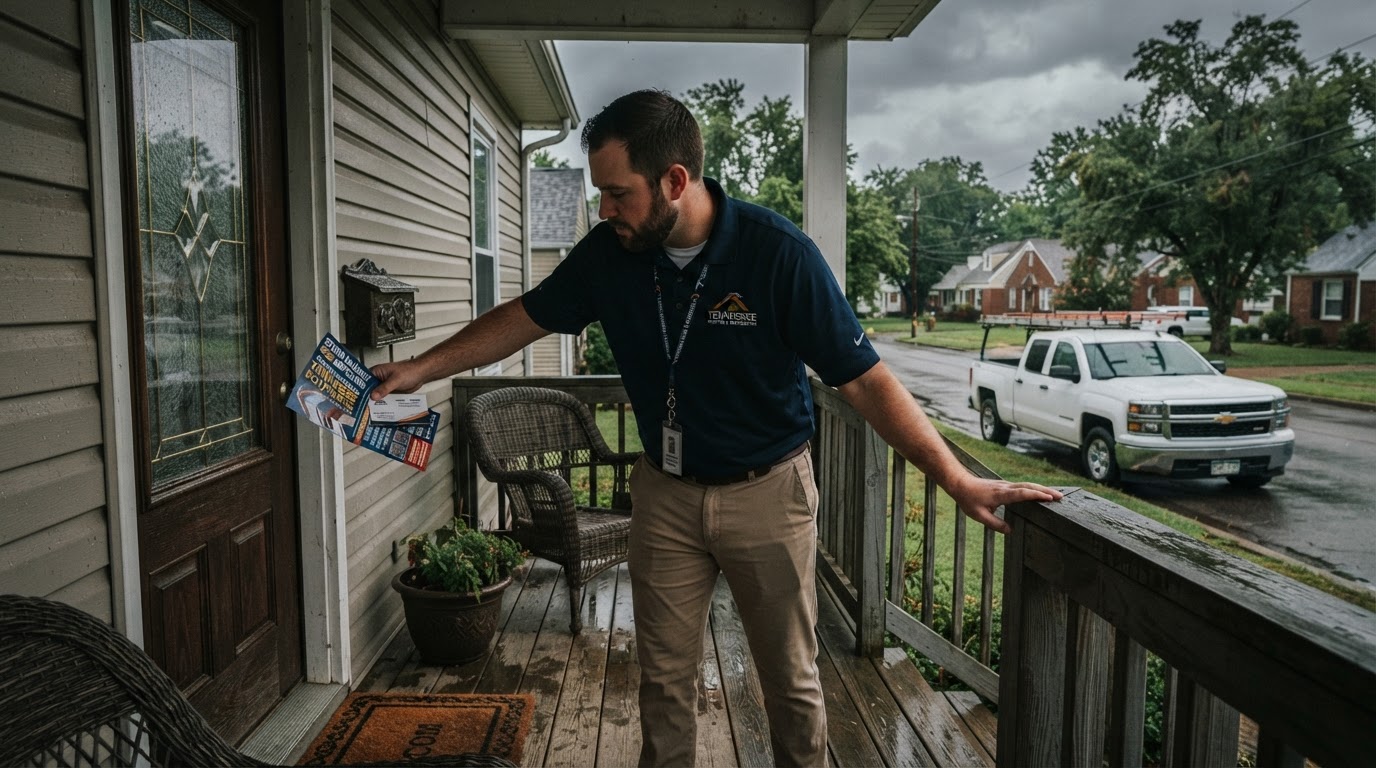 A storm chaser leaving a flyer on a Tennessee homeowner's porch after a hailstorm — a common red flag