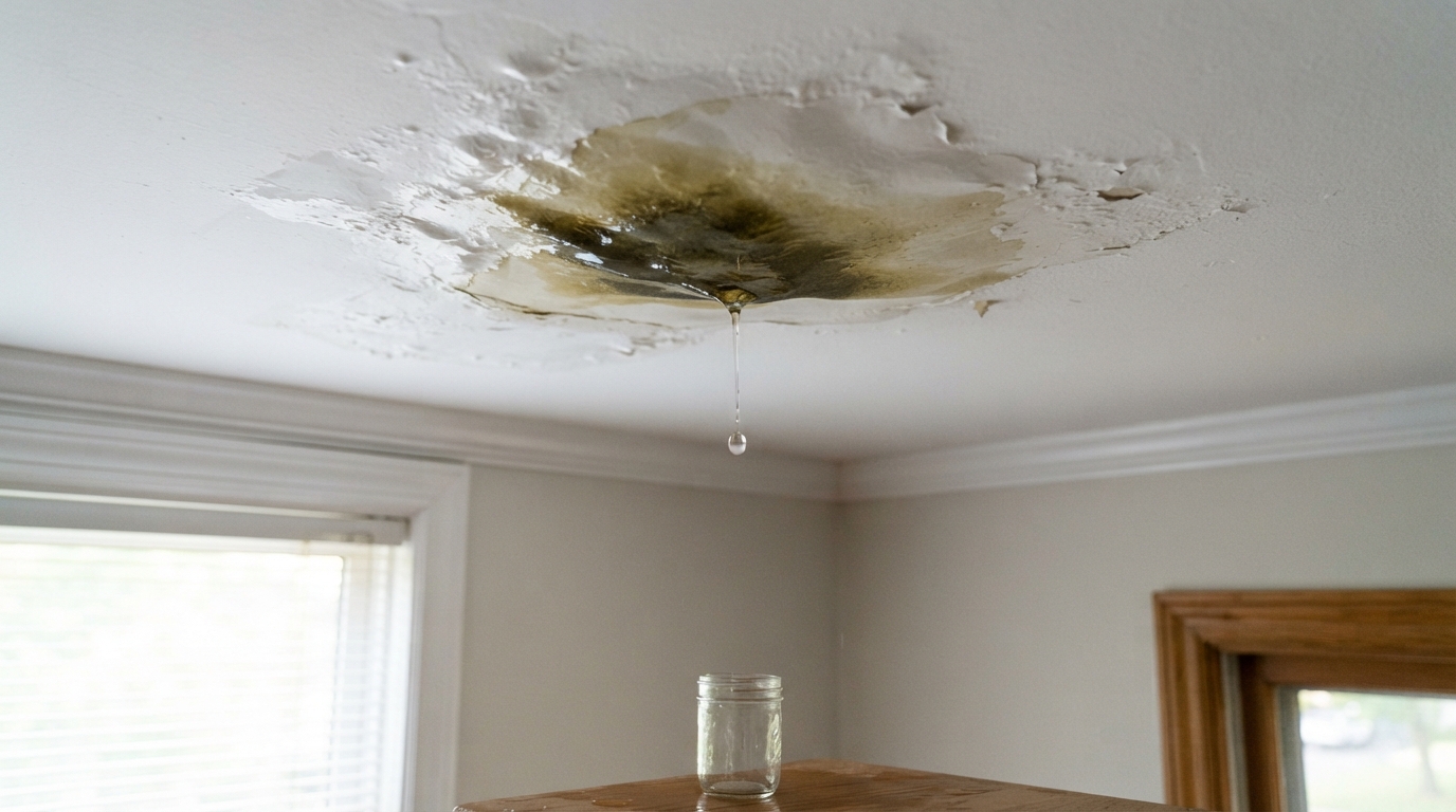 Water stain and active drip on a ceiling — the most common first sign of a roof leak inside a home