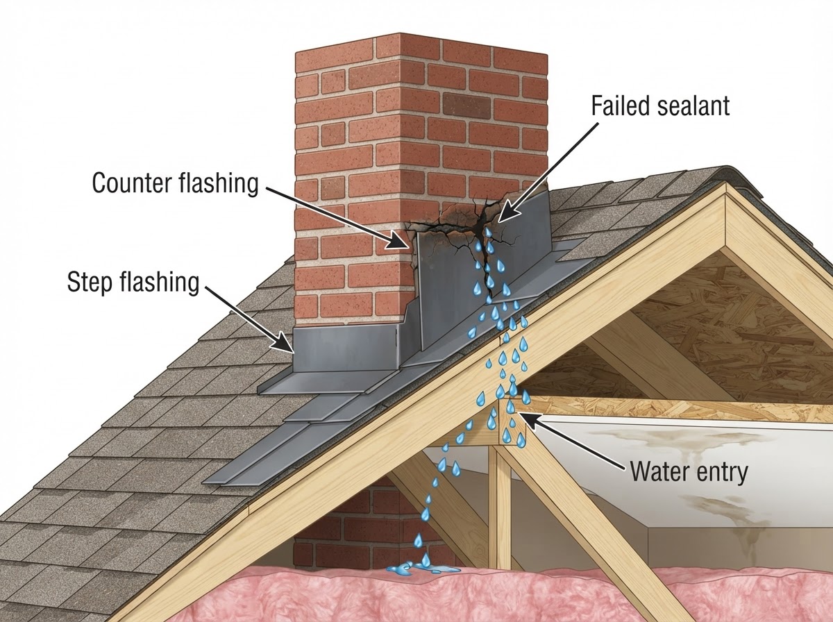 Cross-section diagram of chimney step flashing and counter flashing with failed sealant showing water entering behind the flashing and into the attic