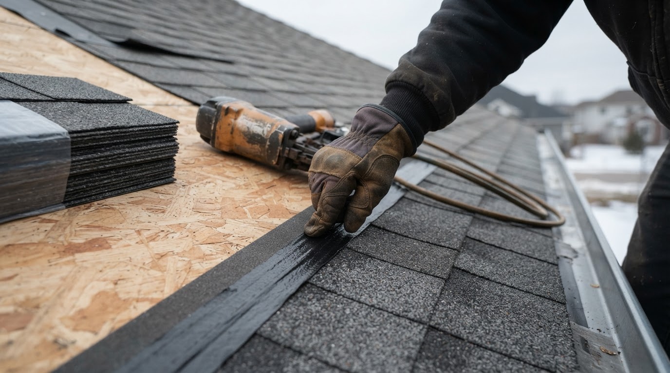 Roofing contractor hand-sealing an asphalt shingle with sealant during cold-weather installation