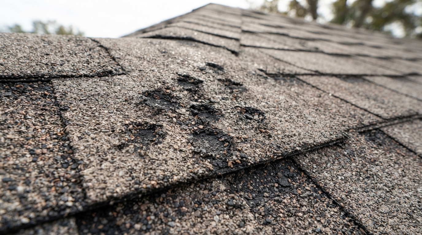 Close-up of hail-damaged asphalt shingles showing dark bruise marks and granule loss from hailstone impacts