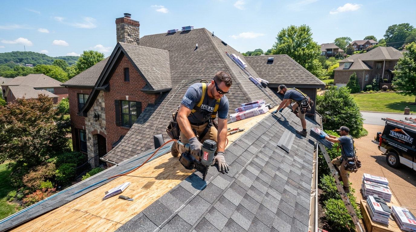 Roofing crew installing new architectural asphalt shingles on a residential roof with a pneumatic nail gun