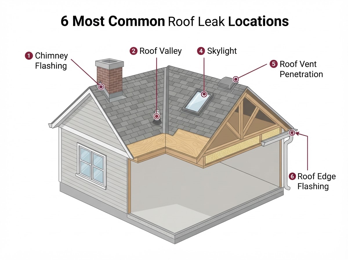 Educational diagram showing the 6 most common roof leak locations: chimney flashing, roof valley, plumbing pipe boot, skylight, roof vent, and roof edge flashing