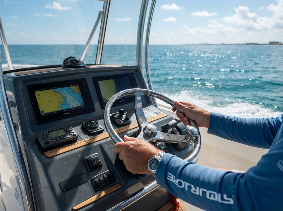 Hands on a boat helm