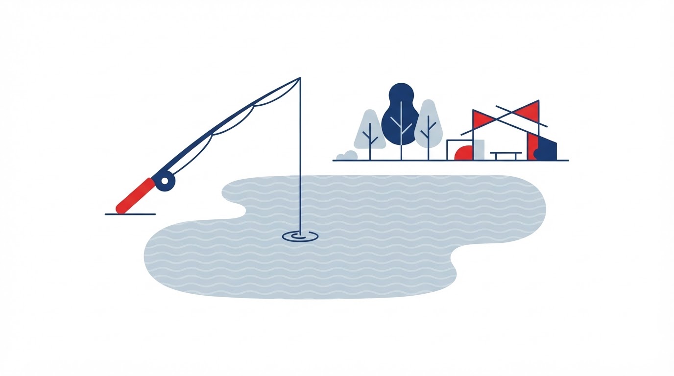 Editorial illustration of a fishing rod, pond, and park motif representing outdoor family recreation in Zachary