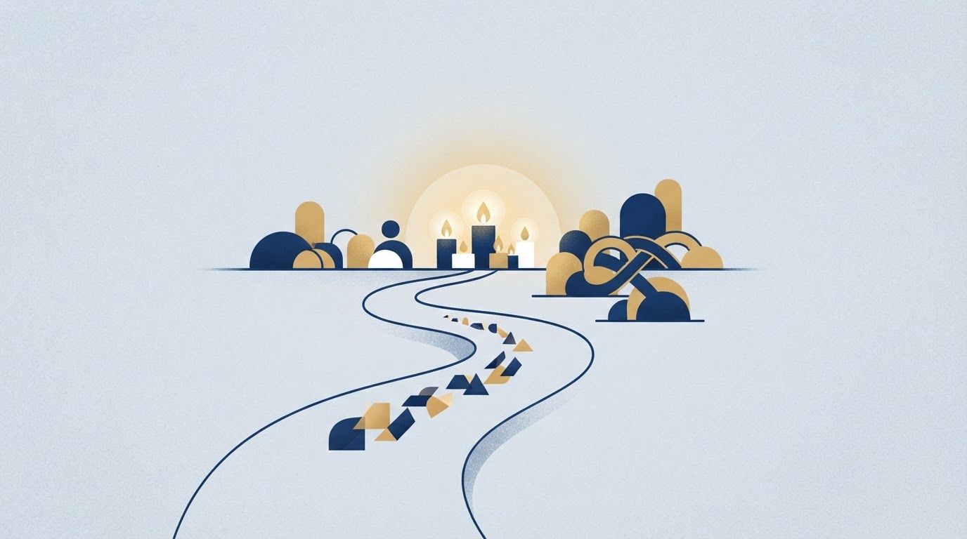 Abstract editorial illustration of a path leading toward a soft light with candle and community-gathering motifs, representing a faith pilgrimage