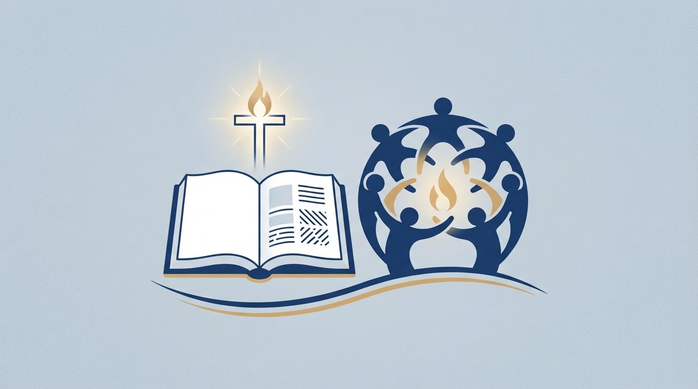 Editorial graphic representing faith, education, history, and community with an open book and a soft glowing motif