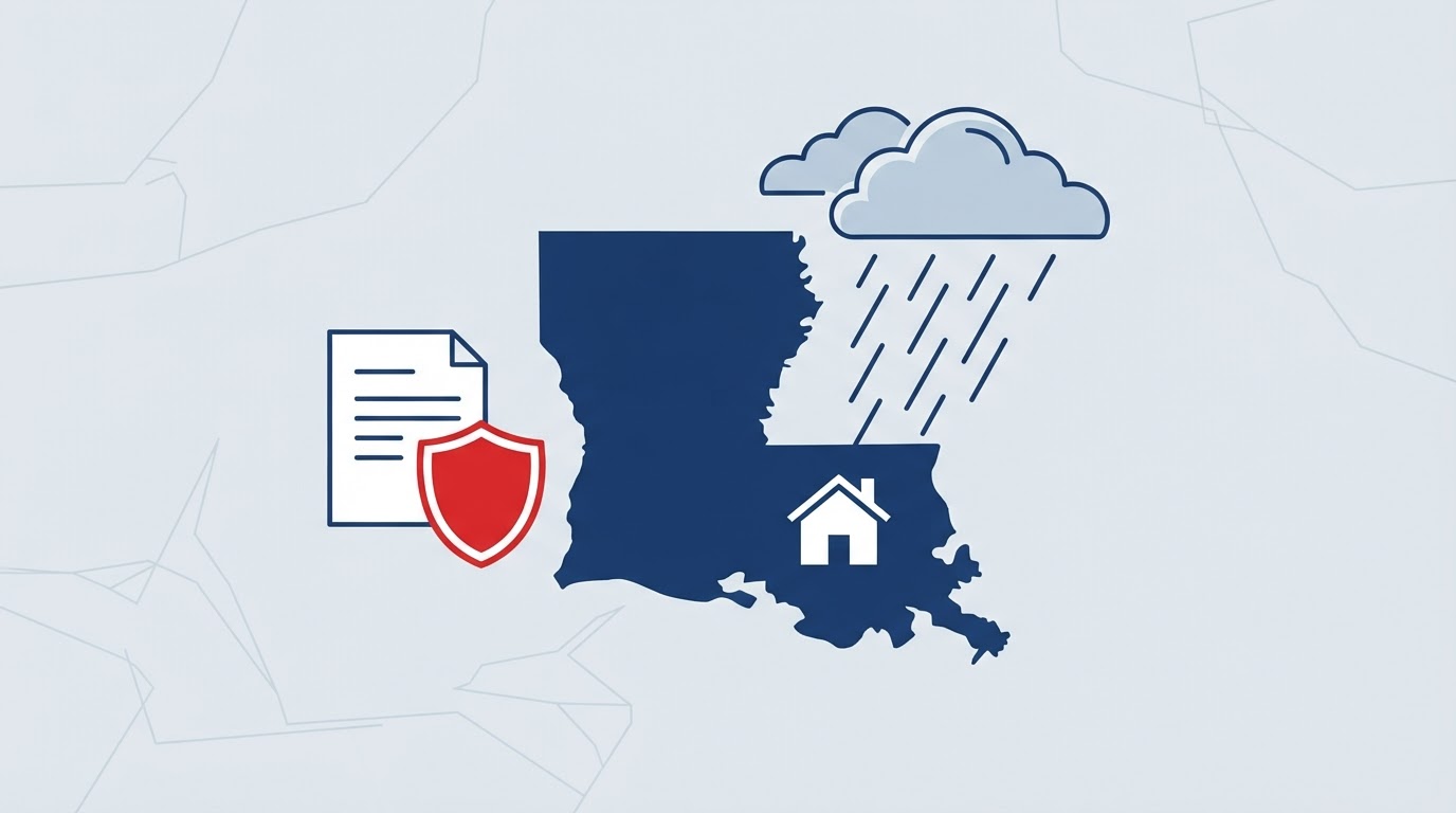 Editorial graphic showing a Louisiana outline, a house icon, a storm cloud, and an insurance shield, representing disaster preparedness