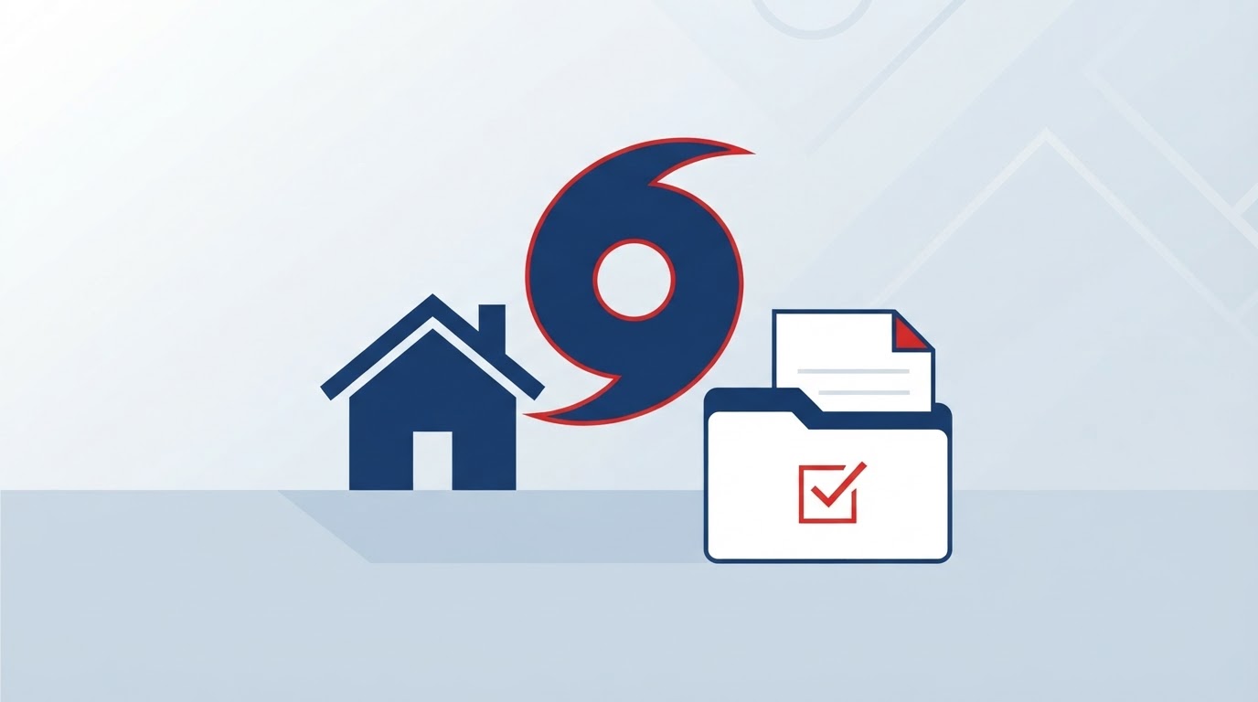 Editorial graphic of a checklist, house, hurricane symbol, and insurance folder, representing disaster-preparedness and insurance education