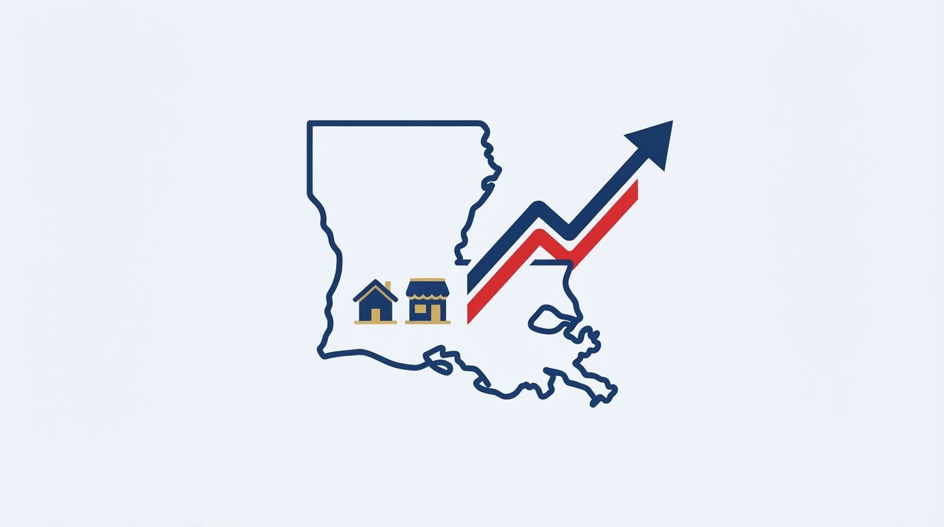 Editorial graphic of a Louisiana outline with a home, storefront, and an upward economic chart, representing Louisiana economy and insurance