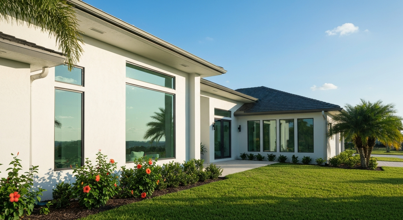 A bright sunlit shot of a modern Florida home exterior, warm natural light, clean and professional