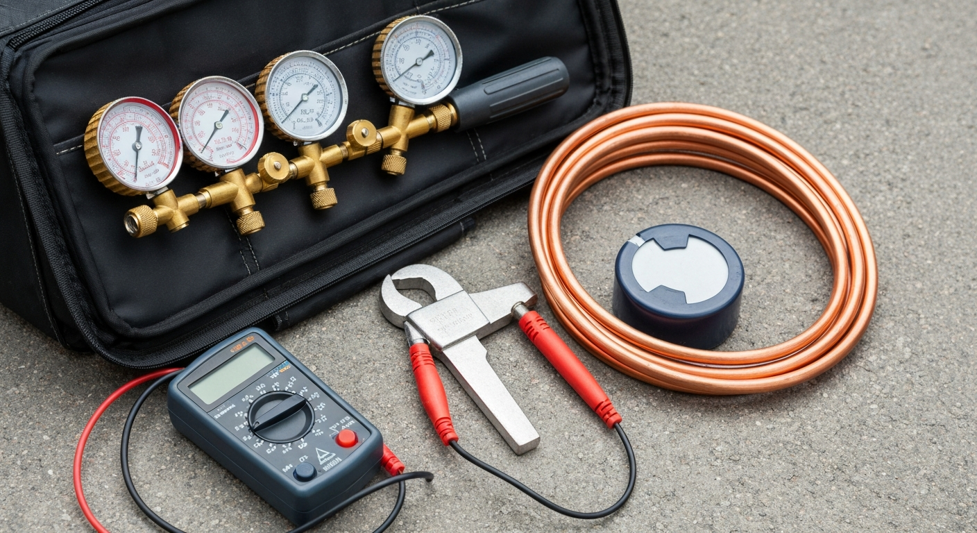 A close-up of an HVAC technician's tool bag opened on the ground, showing visible refrigerant manifold gauges, a multimeter, an AC capacitor, and coiled copper refrigerant line.