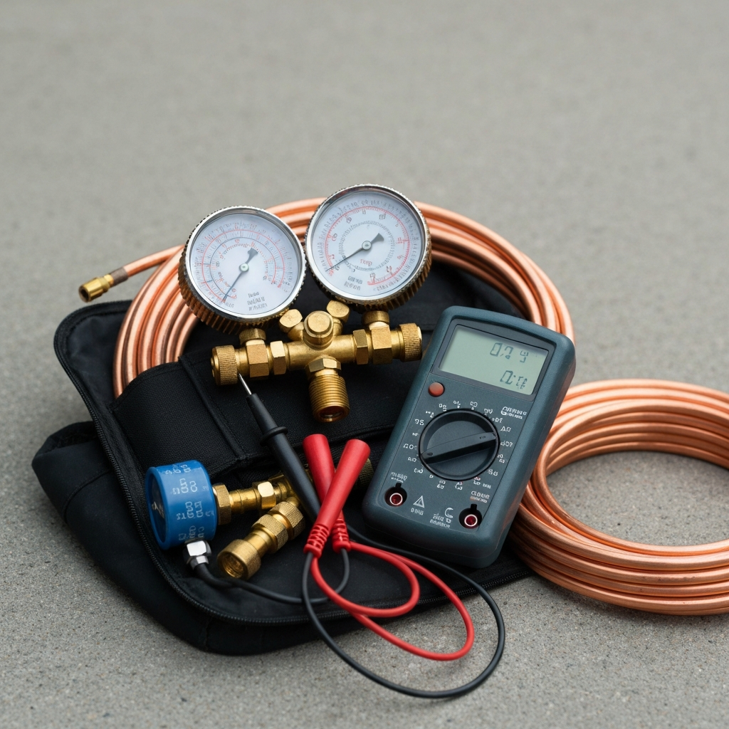 A close-up of an HVAC technician's tool bag opened on the ground in Chiefland, showing visible refrigerant manifold gauges, a multimeter, an AC capacitor, and coiled copper refrigerant line