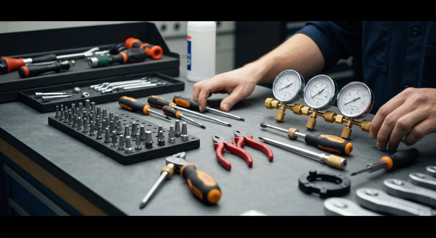 A technician's tool and gauge setup.