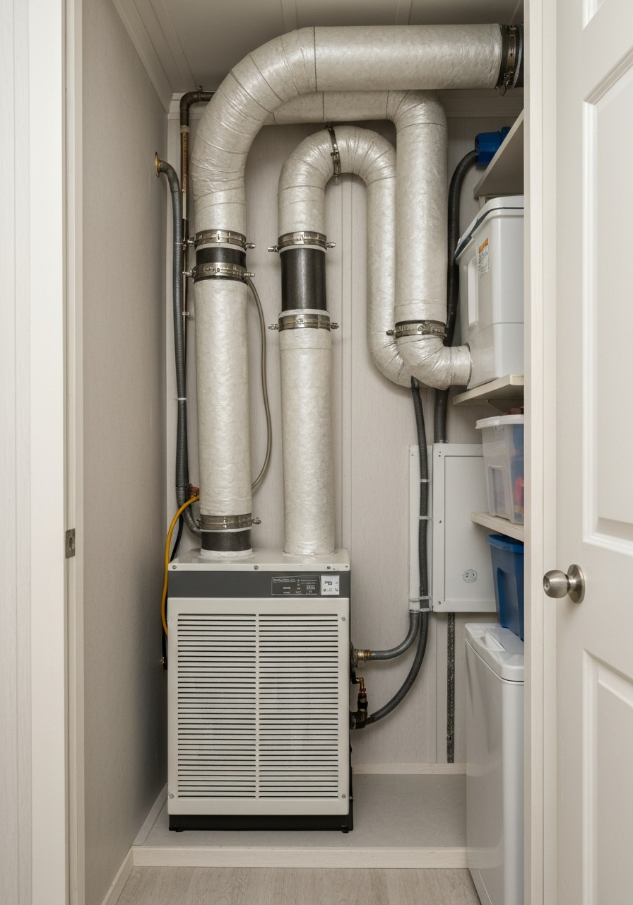 Clean residential air handler unit installed in a mobile home utility closet with tight, sealed ductwork connections routed into the ceiling.