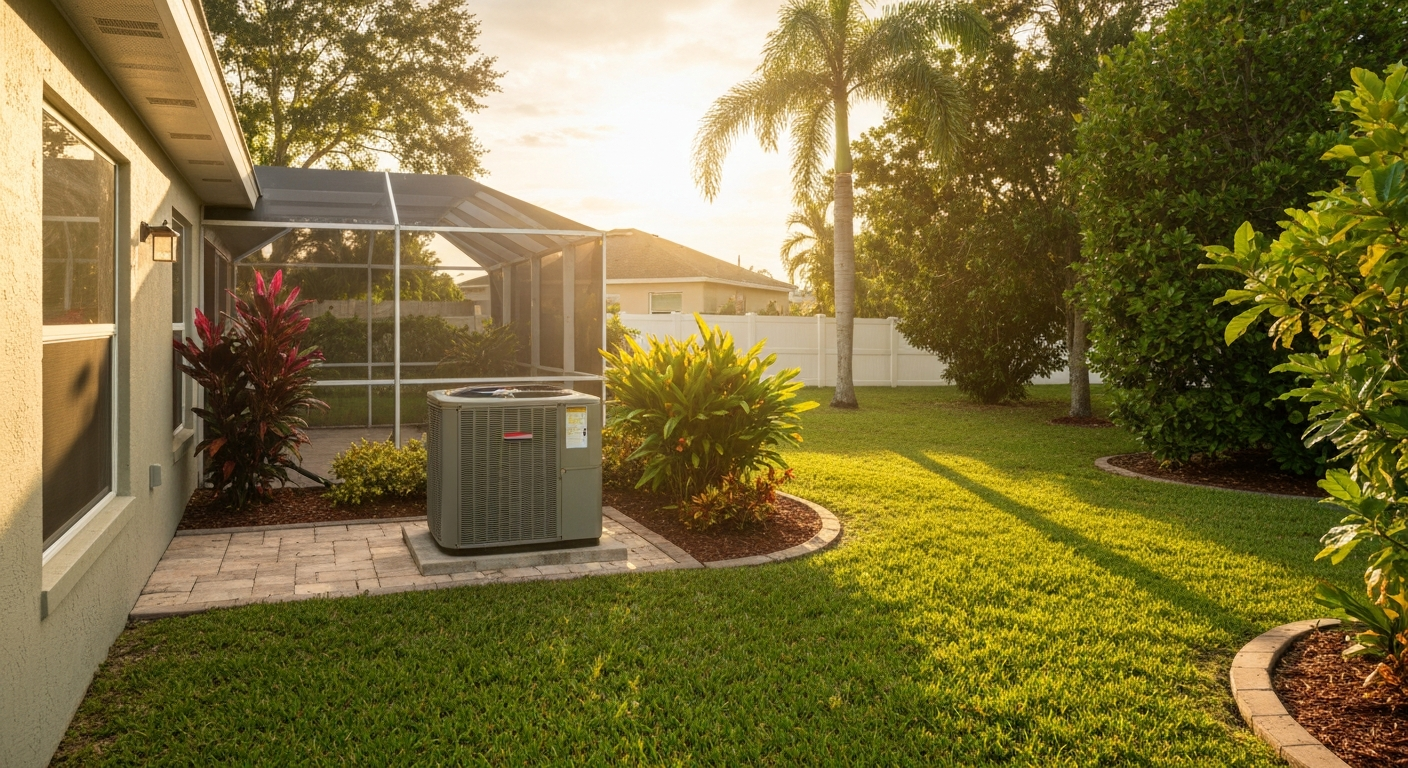 A bright, warm shot of a completed outdoor HVAC installation in a well-kept Florida backyard, golden hour lighting