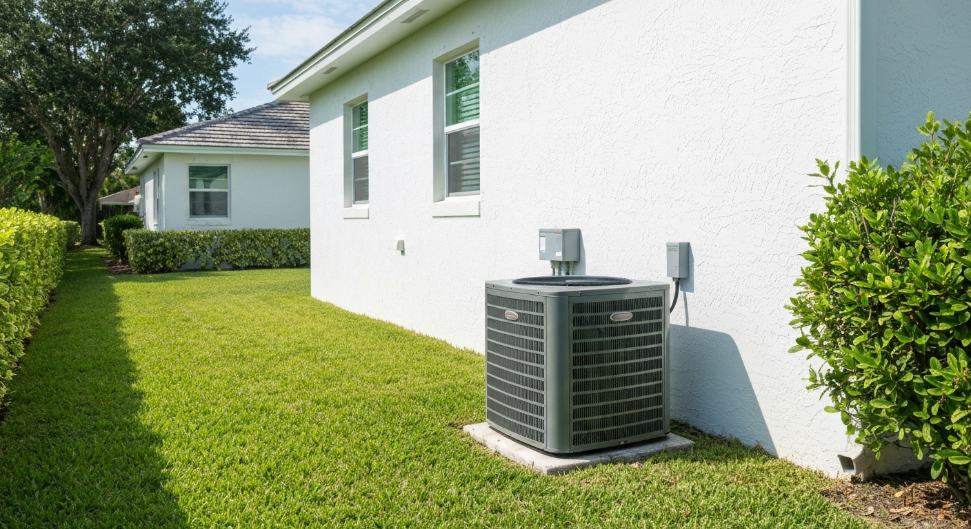 Residential outdoor HVAC condenser unit installed next to a Florida home