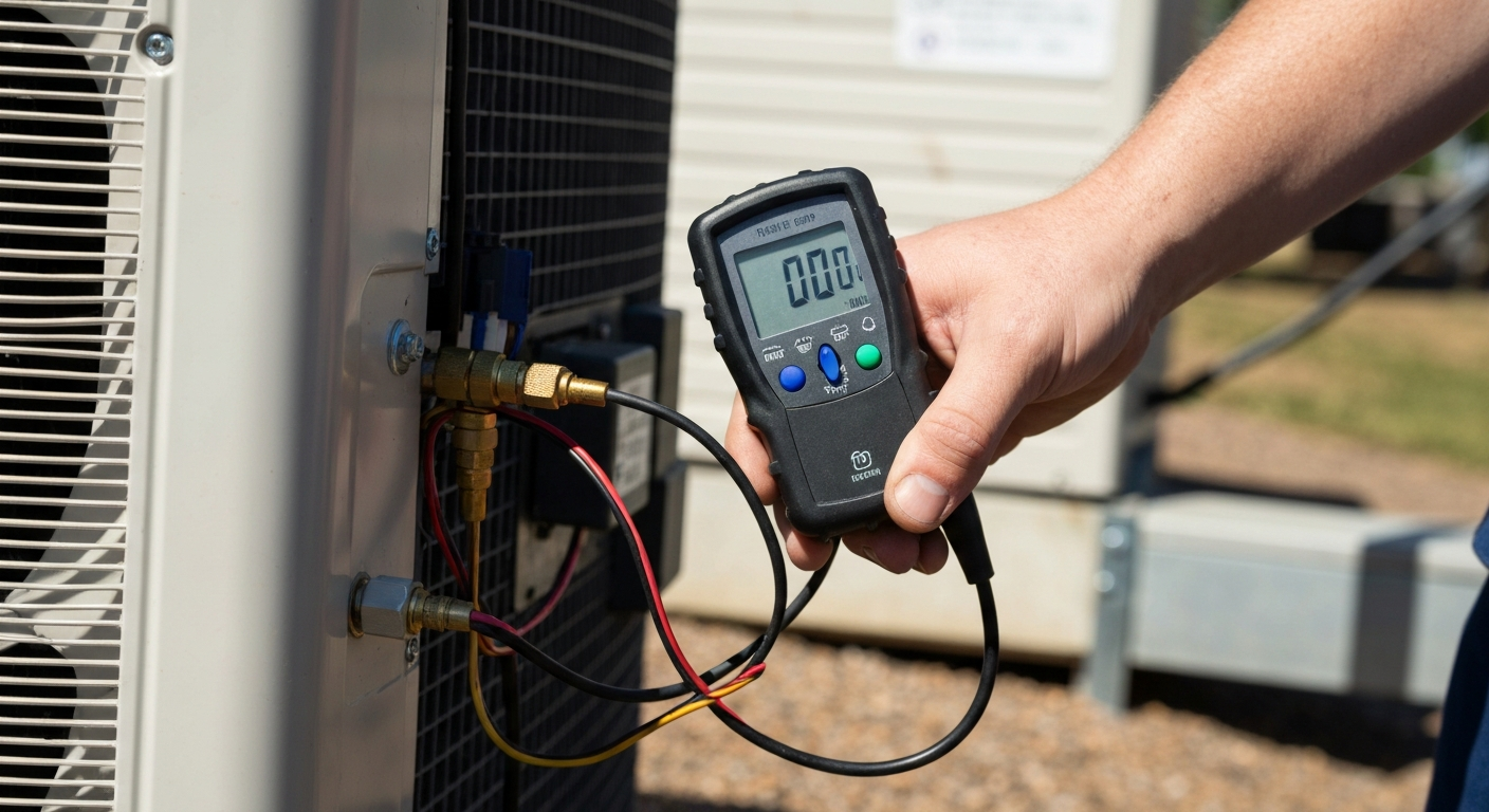 Close-up shot of a technician's hand holding a digital diagnostic gauge connected to an outdoor unit