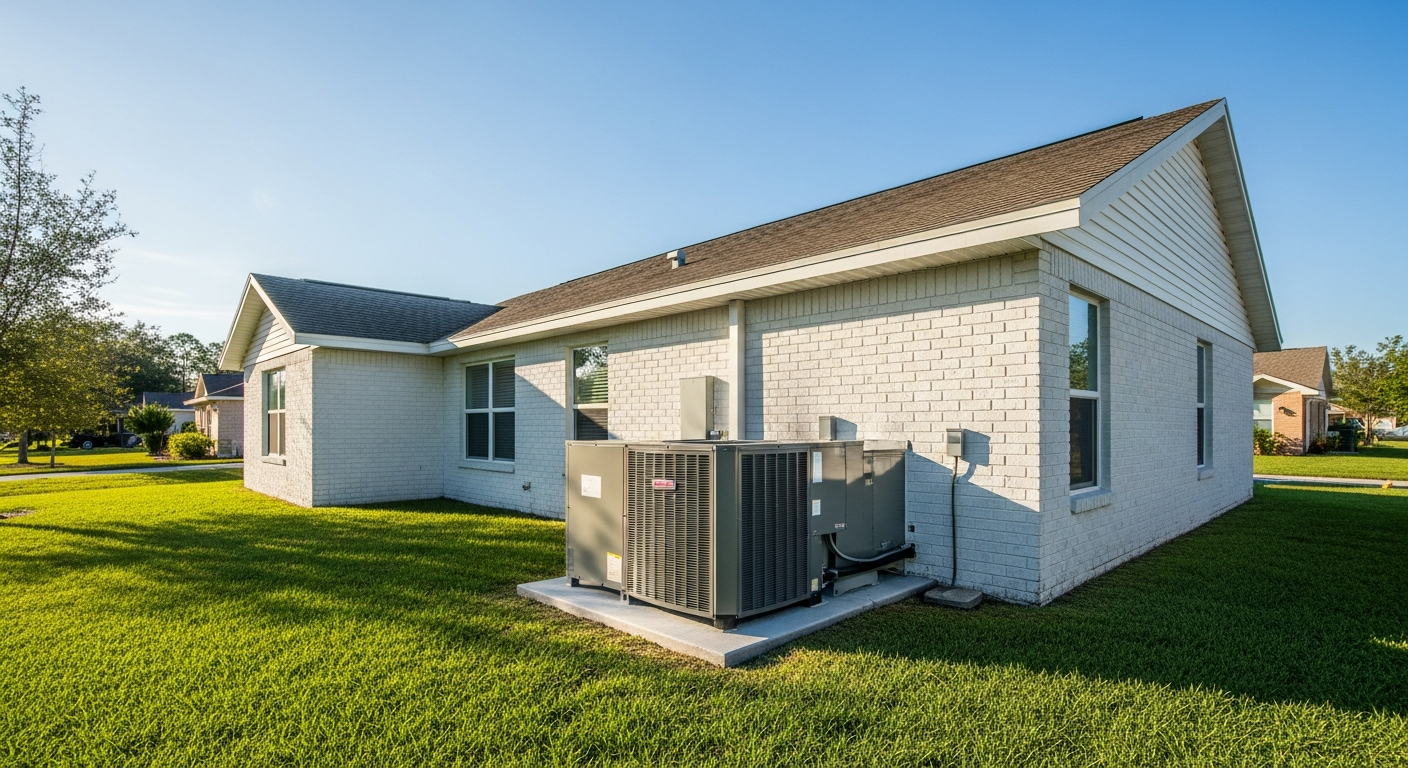 A bright, sunny photograph of a single-story Florida stucco home exterior in daytime with a modern outdoor HVAC condenser unit.