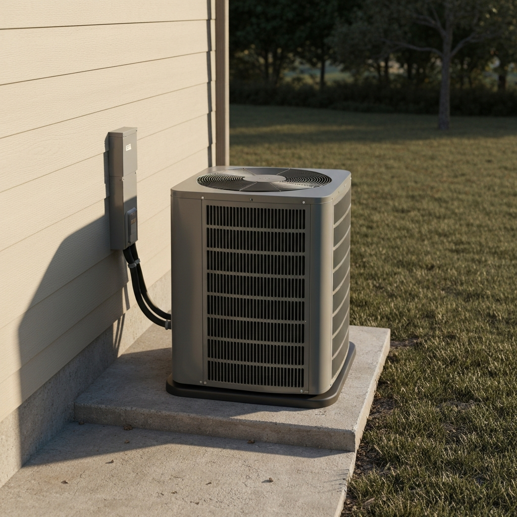 Single residential AC condenser unit installed on a concrete pad against a home's exterior wall