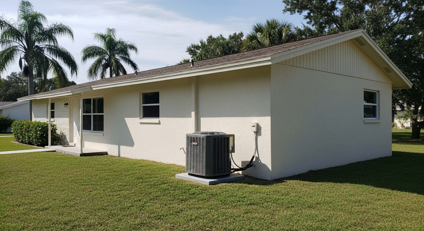 Plain American single-family Florida ranch-style home with a single residential AC condenser unit installed on a concrete pad against the exterior wall