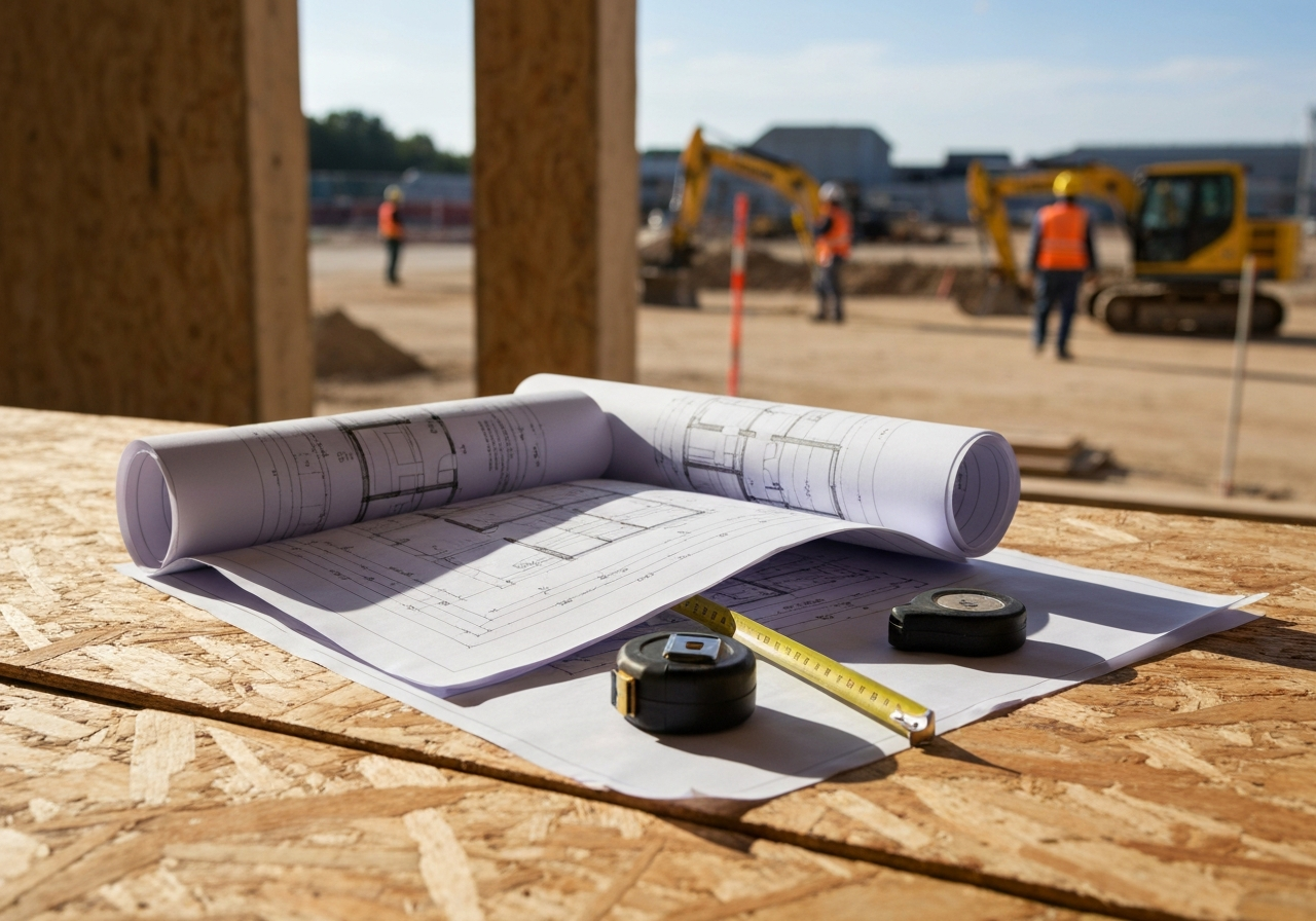 Rolled set of house blueprints laid open on a plywood surface with a tape measure and pencil nearby on a construction site